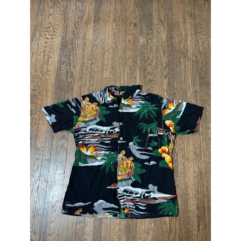Roundy Bay Vintage Mens Hawaiian Shirt Medium Rayon Hula Dancer Tropical Tiki